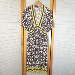 Milly Ikat Print Dress Stretch Knit Midi Length Deep V-Neck Brown Size Large